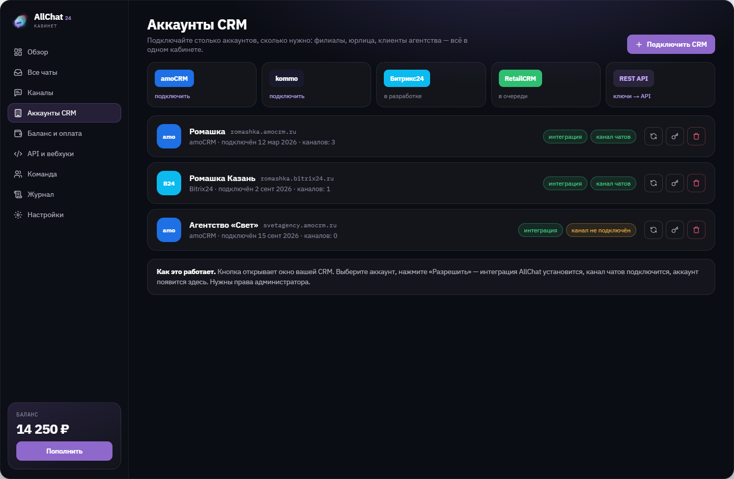Аккаунты CRM, тёмная тема